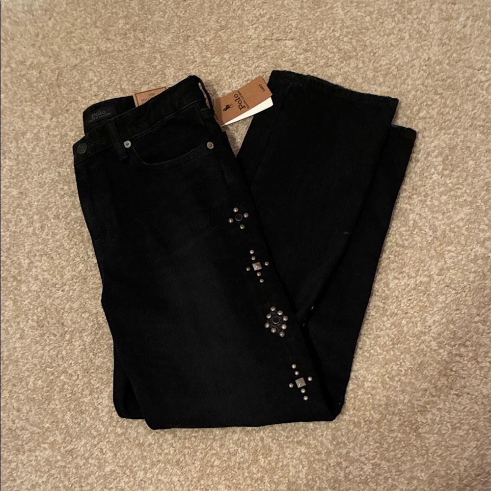 NWT Ralph Lauren Polo Girl’s Black Studded High Rise Straight Jeans size 12